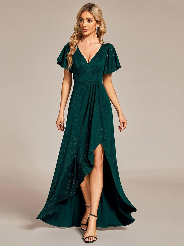 ever MELODÉ|Glitter High-Low Front Side Slit Ruffled V-Neck Evening Dress