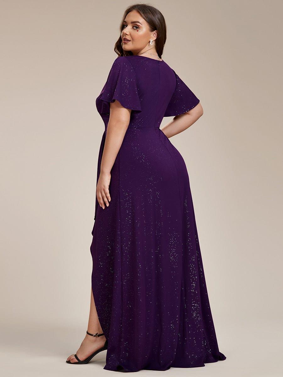 ever MELODÉ|Glitter High-Low Front Side Slit Ruffled V-Neck Evening Dress