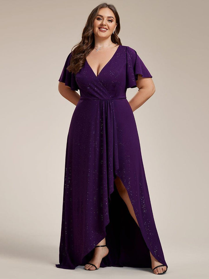 ever MELODÉ|Glitter High-Low Front Side Slit Ruffled V-Neck Evening Dress