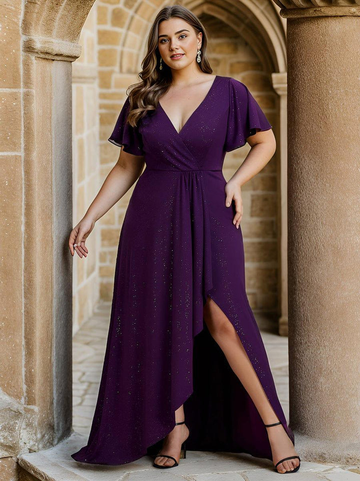 ever MELODÉ|Glitter High-Low Front Side Slit Ruffled V-Neck Evening Dress