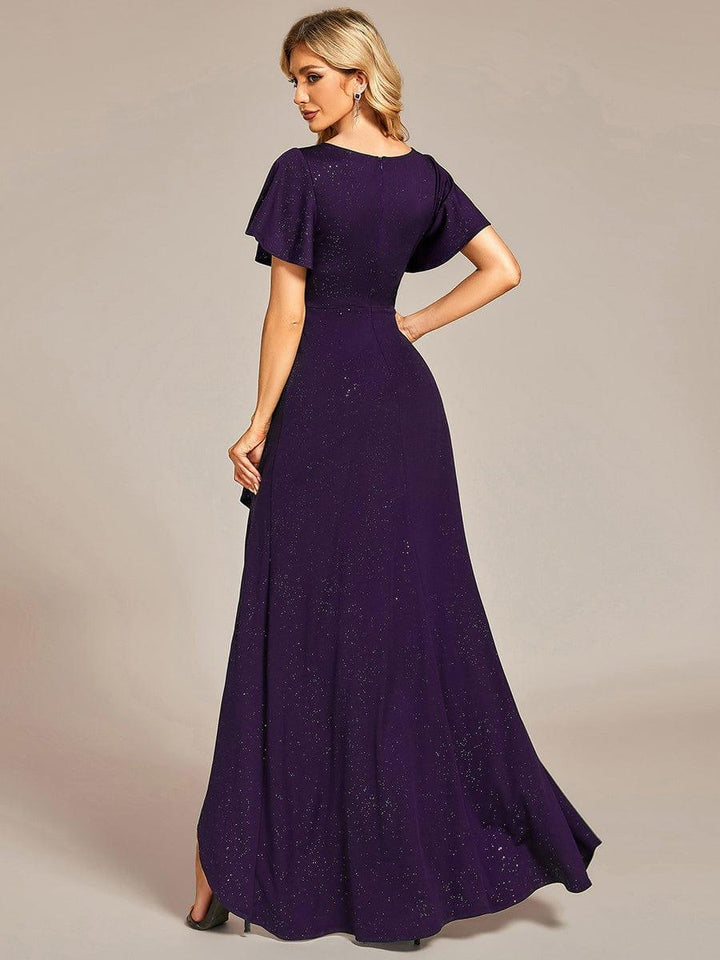 ever MELODÉ|Glitter High-Low Front Side Slit Ruffled V-Neck Evening Dress
