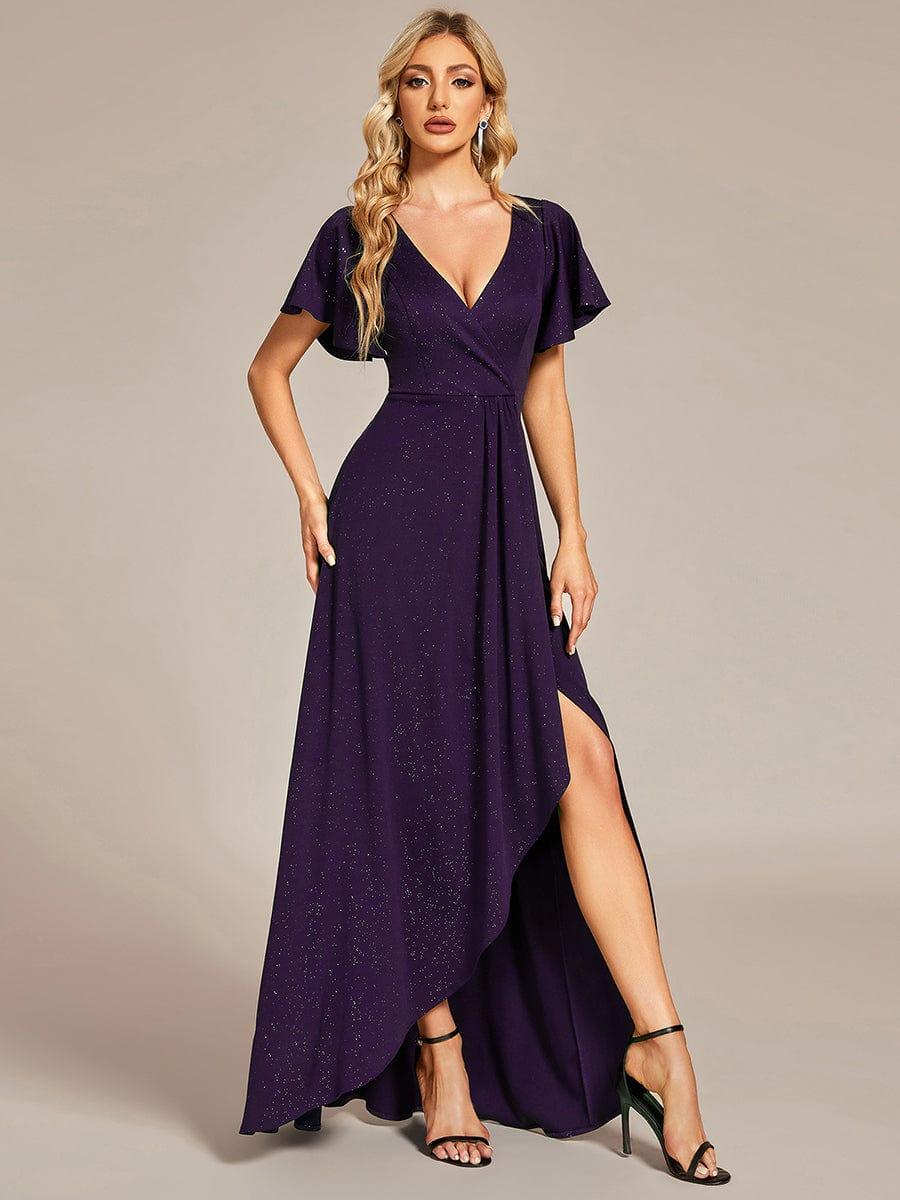 ever MELODÉ|Glitter High-Low Front Side Slit Ruffled V-Neck Evening Dress