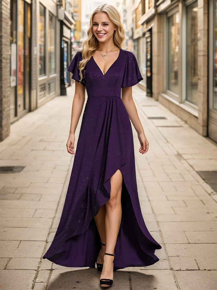 ever MELODÉ|Glitter High-Low Front Side Slit Ruffled V-Neck Evening Dress