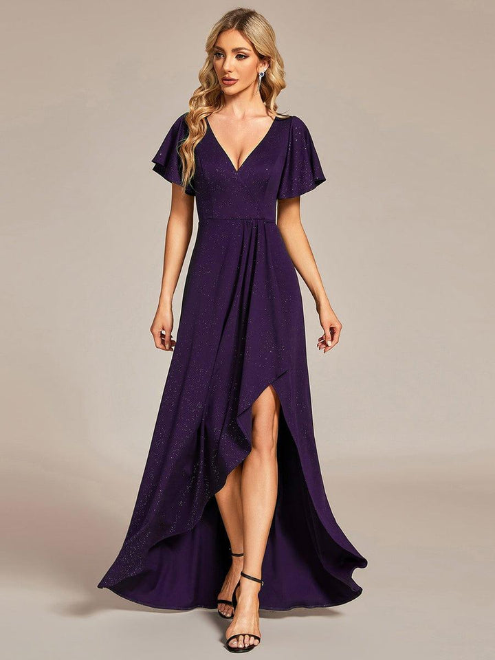 ever MELODÉ|Glitter High-Low Front Side Slit Ruffled V-Neck Evening Dress