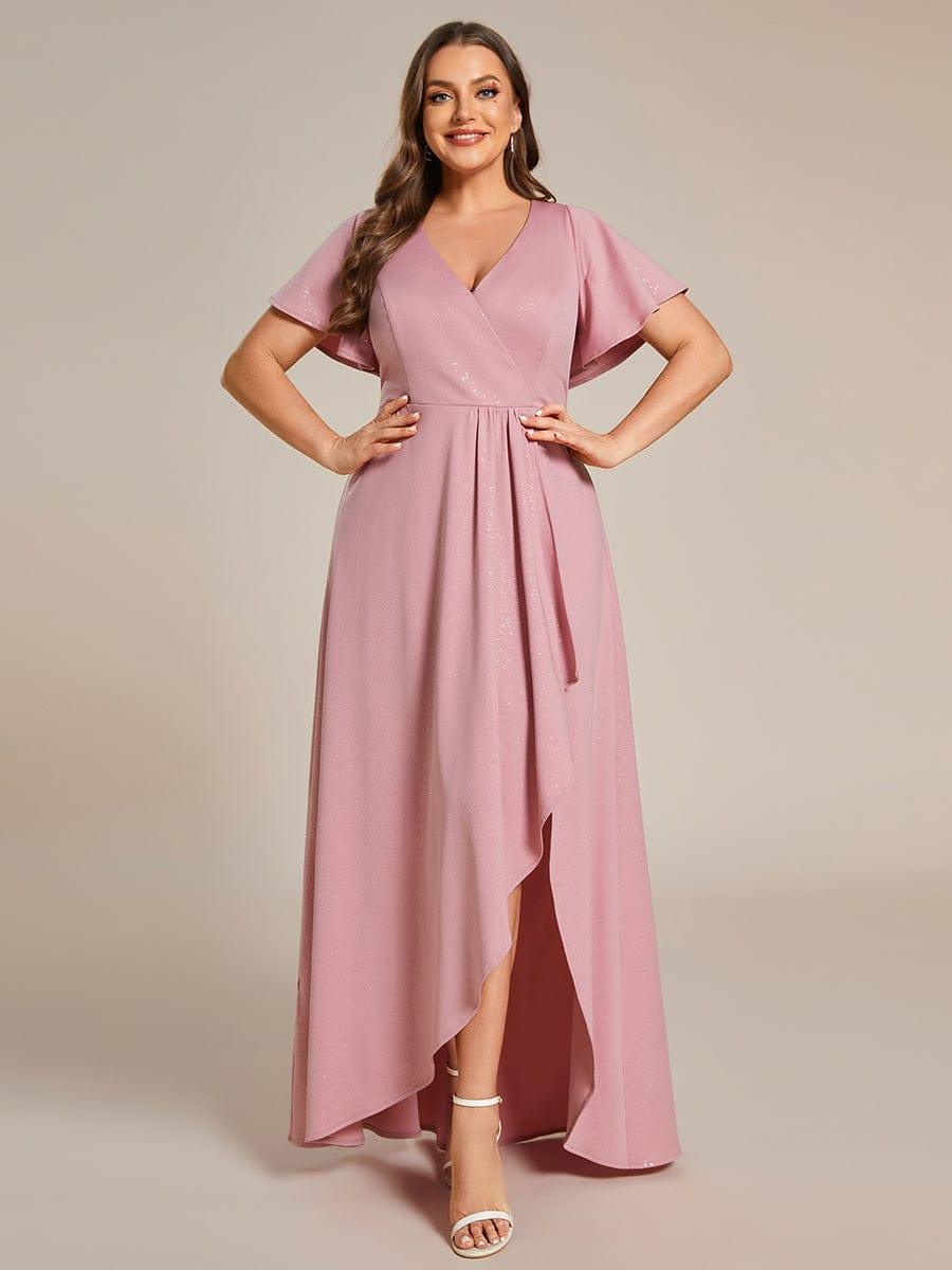 ever MELODÉ|Glitter High-Low Front Side Slit Ruffled V-Neck Evening Dress