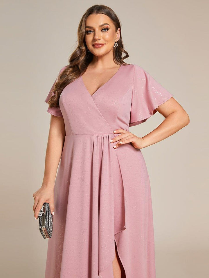 ever MELODÉ|Glitter High-Low Front Side Slit Ruffled V-Neck Evening Dress