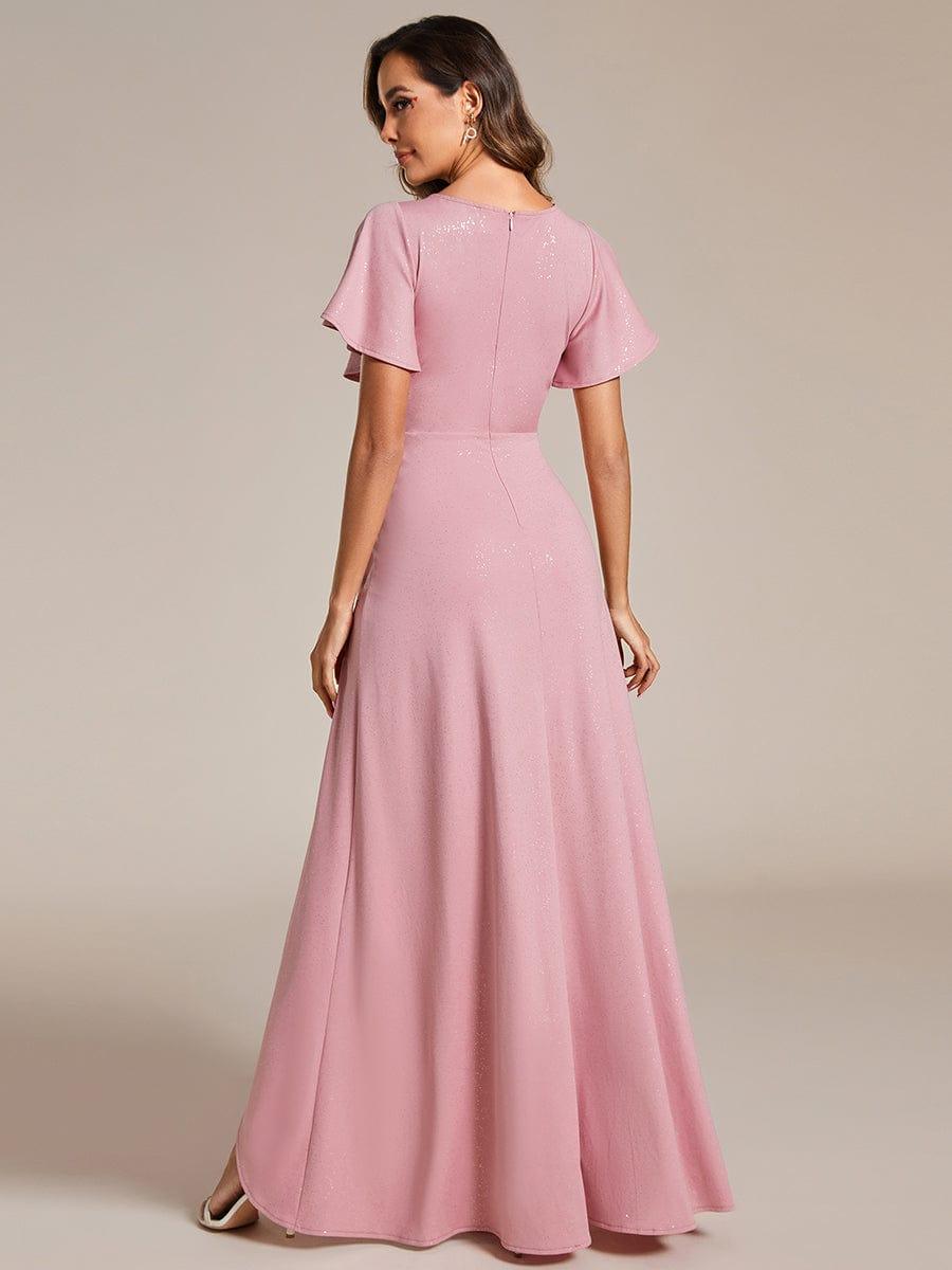 ever MELODÉ|Glitter High-Low Front Side Slit Ruffled V-Neck Evening Dress