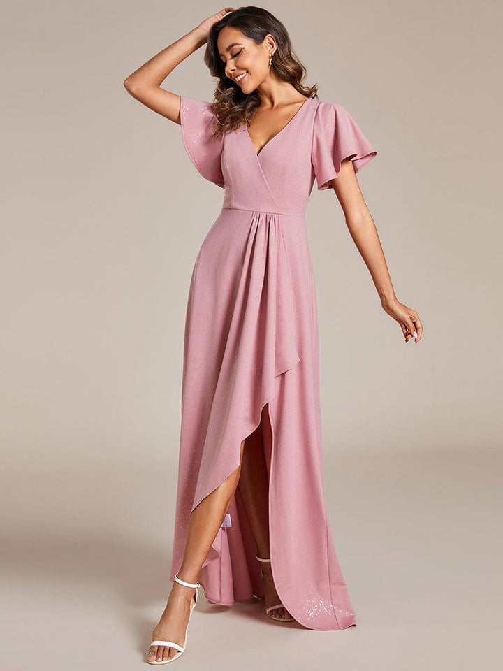 ever MELODÉ|Glitter High-Low Front Side Slit Ruffled V-Neck Evening Dress