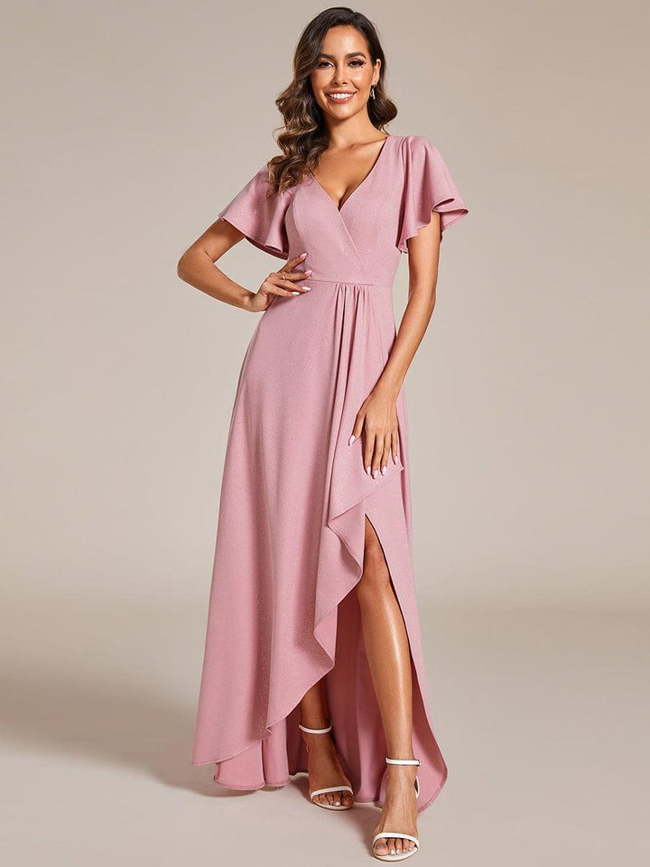 ever MELODÉ|Glitter High-Low Front Side Slit Ruffled V-Neck Evening Dress