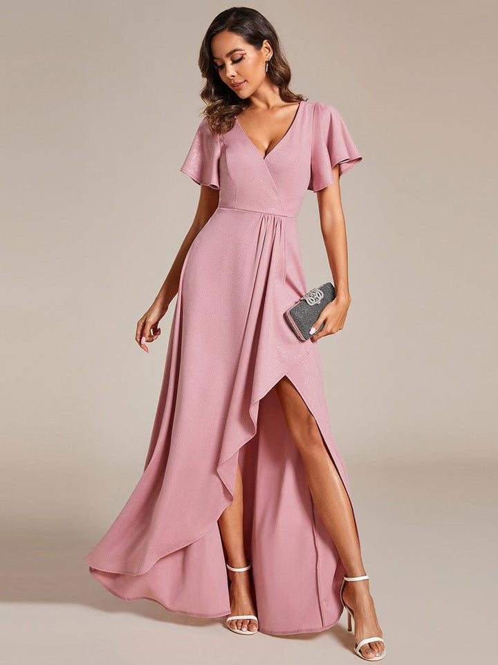 ever MELODÉ|Glitter High-Low Front Side Slit Ruffled V-Neck Evening Dress