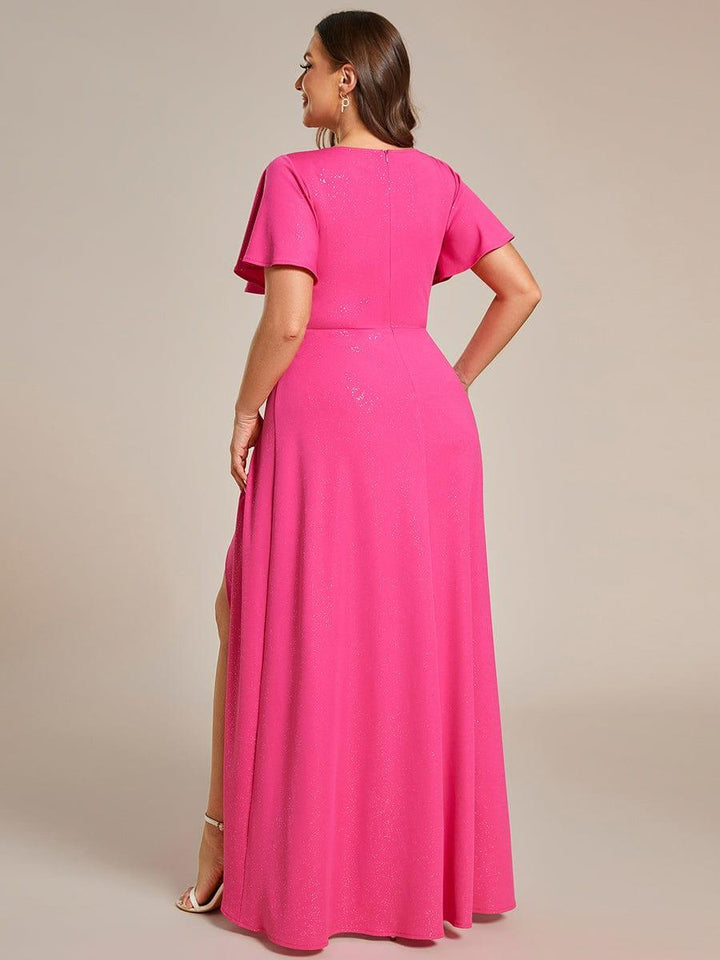 ever MELODÉ|Glitter High-Low Front Side Slit Ruffled V-Neck Evening Dress