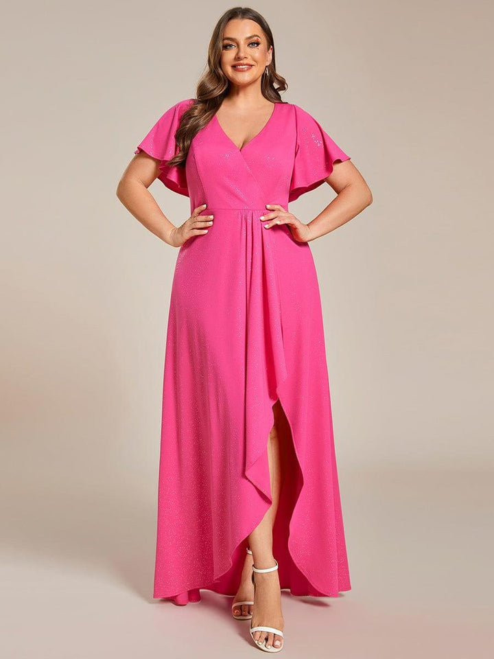 ever MELODÉ|Glitter High-Low Front Side Slit Ruffled V-Neck Evening Dress