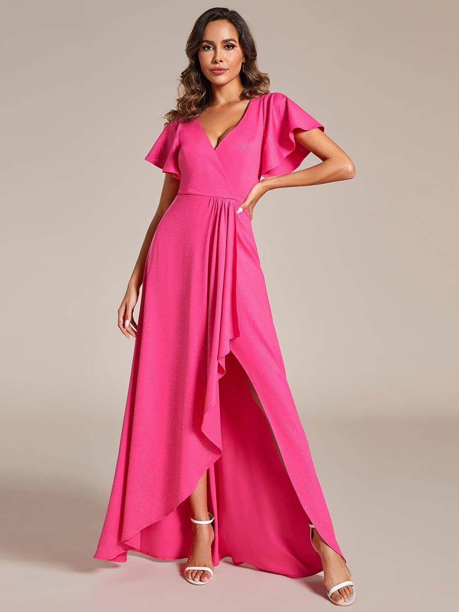 ever MELODÉ|Glitter High-Low Front Side Slit Ruffled V-Neck Evening Dress