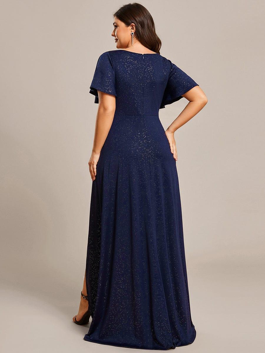 ever MELODÉ|Glitter High-Low Front Side Slit Ruffled V-Neck Evening Dress