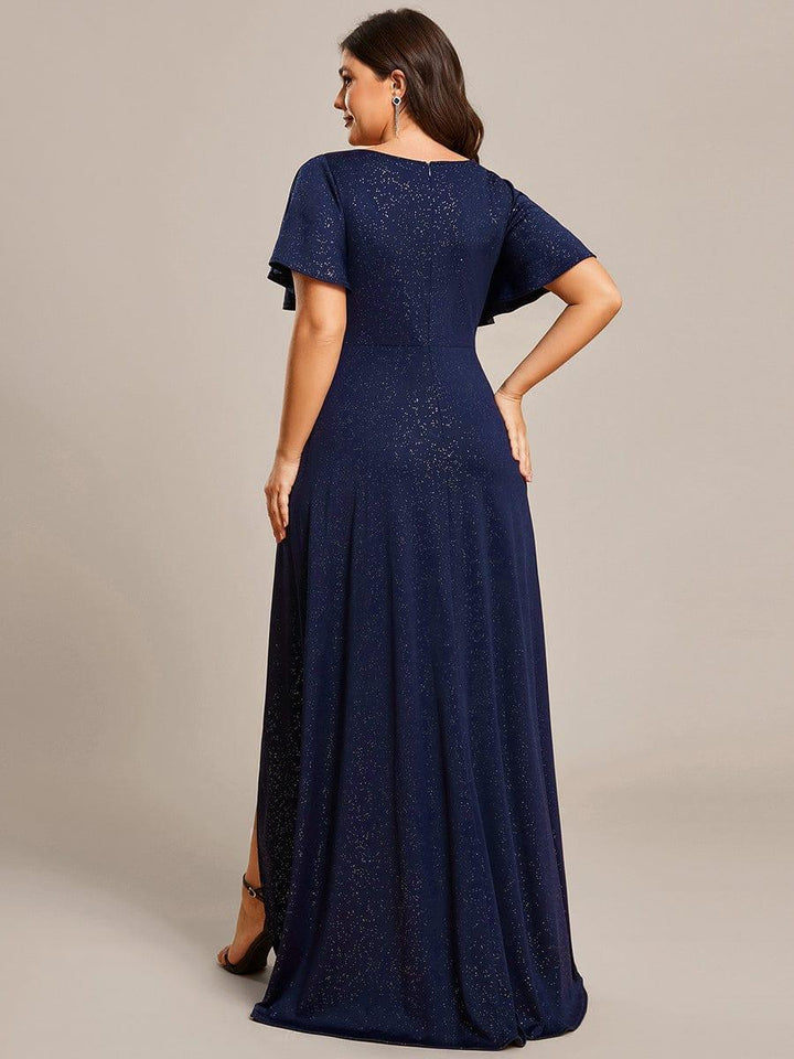 ever MELODÉ|Glitter High-Low Front Side Slit Ruffled V-Neck Evening Dress