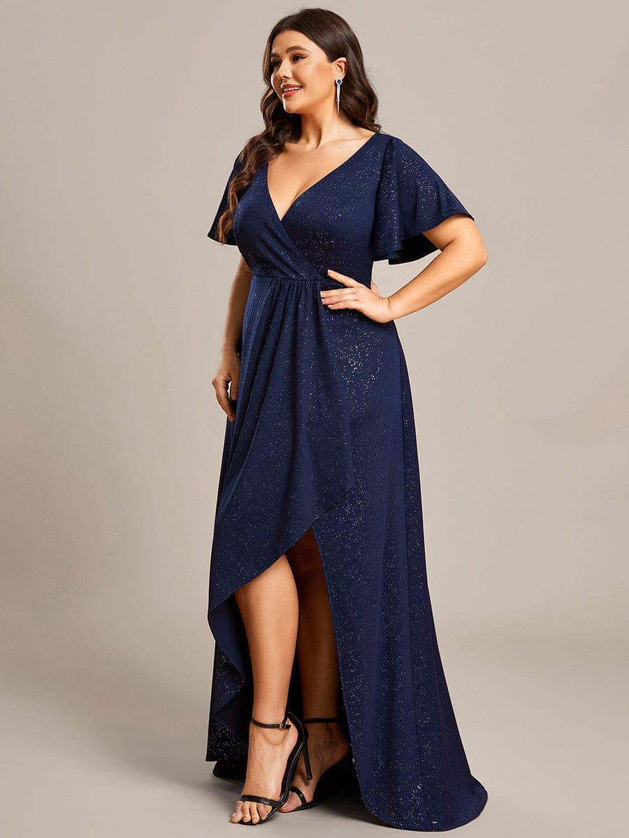 ever MELODÉ|Glitter High-Low Front Side Slit Ruffled V-Neck Evening Dress