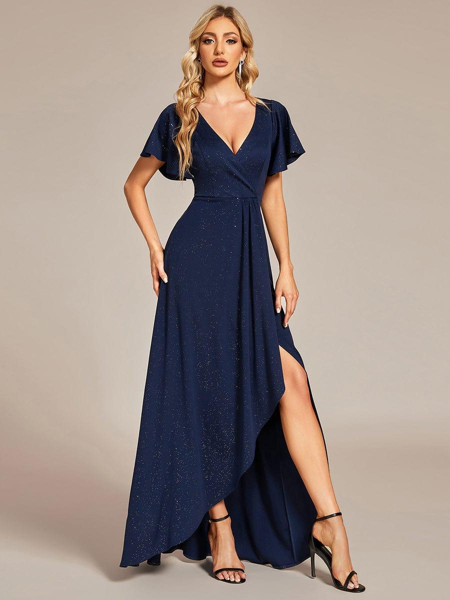 ever MELODÉ|Glitter High-Low Front Side Slit Ruffled V-Neck Evening Dress