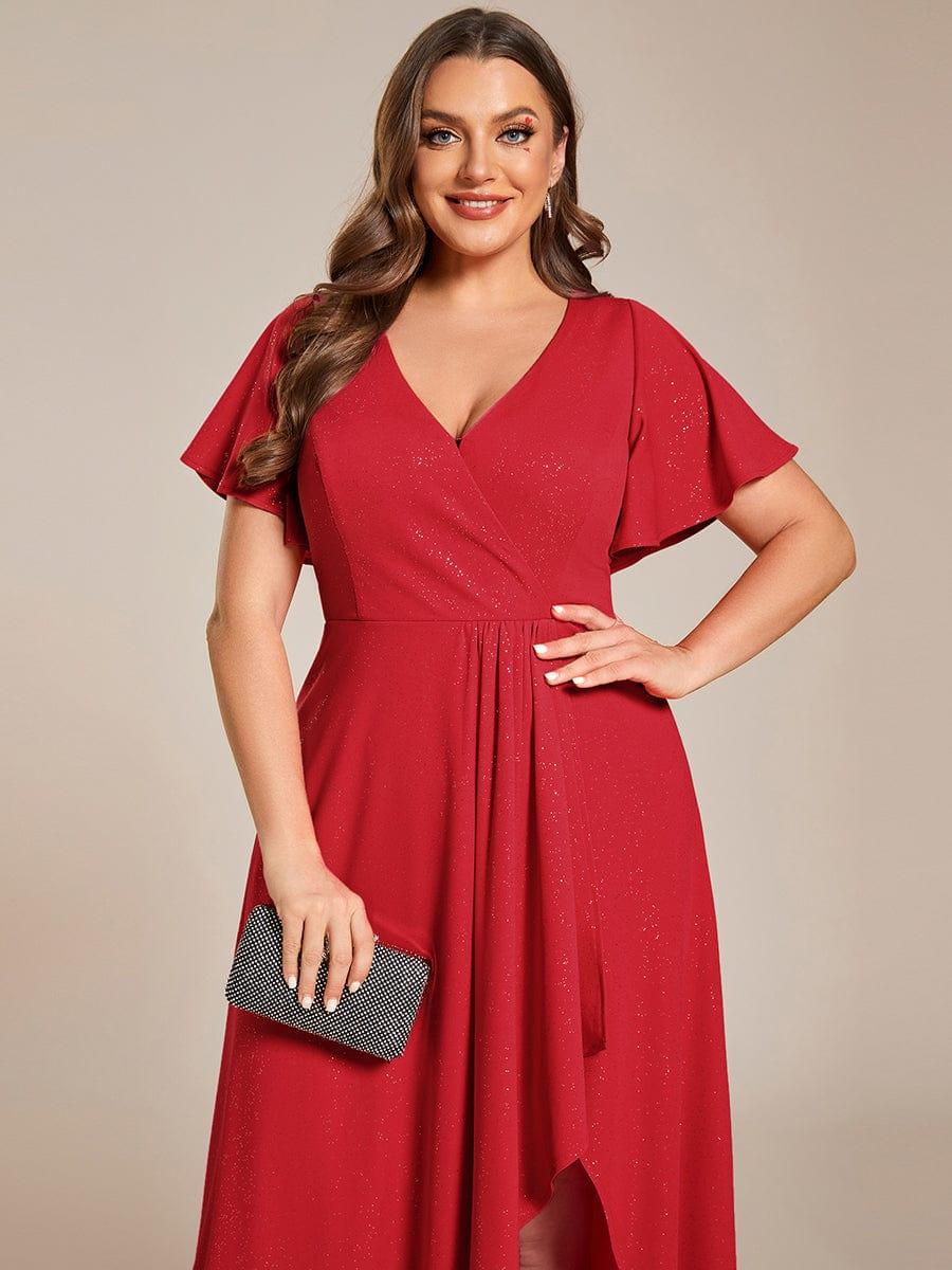 ever MELODÉ|Glitter High-Low Front Side Slit Ruffled V-Neck Evening Dress