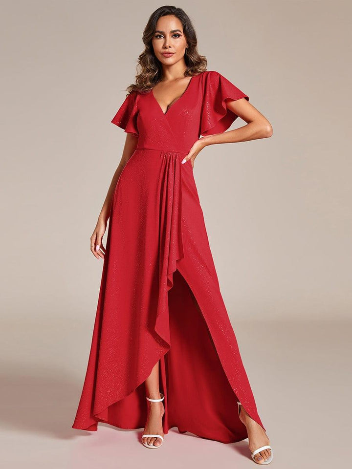 ever MELODÉ|Glitter High-Low Front Side Slit Ruffled V-Neck Evening Dress