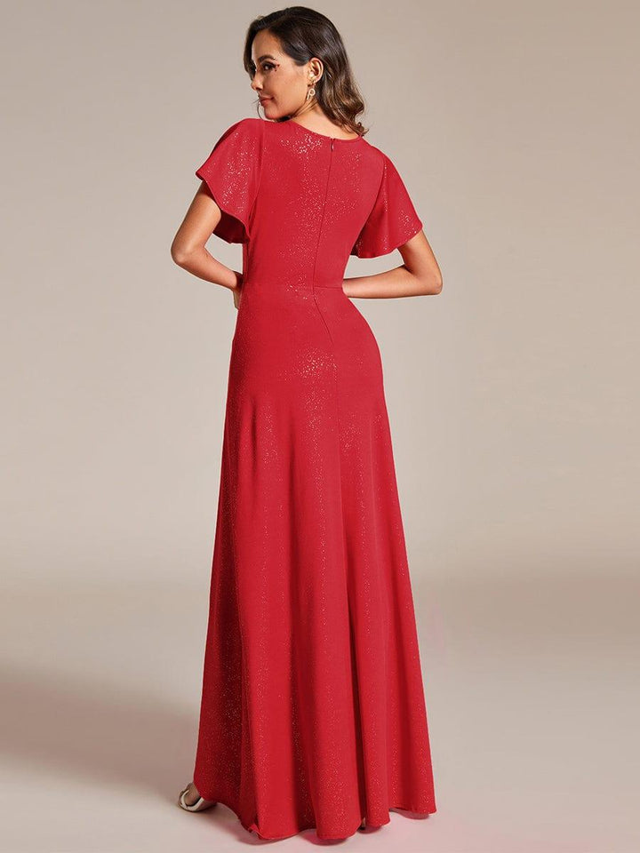 ever MELODÉ|Glitter High-Low Front Side Slit Ruffled V-Neck Evening Dress