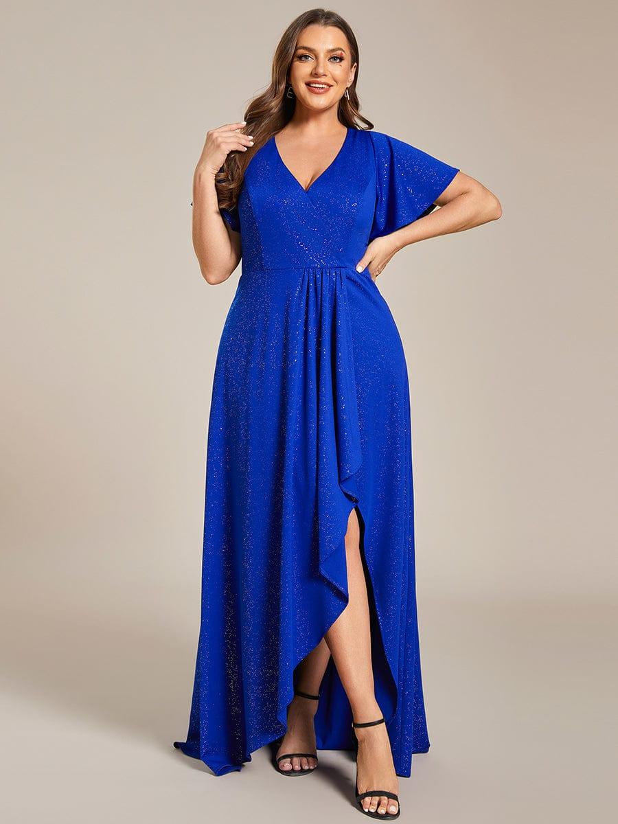 ever MELODÉ|Glitter High-Low Front Side Slit Ruffled V-Neck Evening Dress