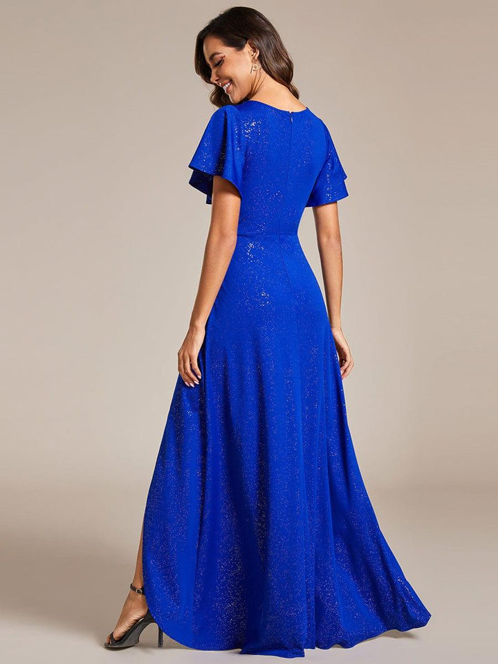 ever MELODÉ|Glitter High-Low Front Side Slit Ruffled V-Neck Evening Dress