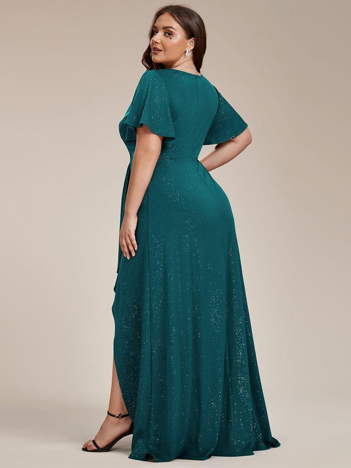 ever MELODÉ|Glitter High-Low Front Side Slit Ruffled V-Neck Evening Dress