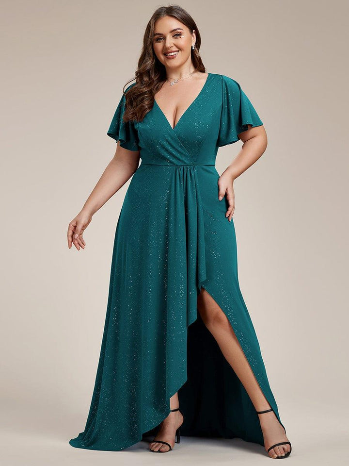ever MELODÉ|Glitter High-Low Front Side Slit Ruffled V-Neck Evening Dress