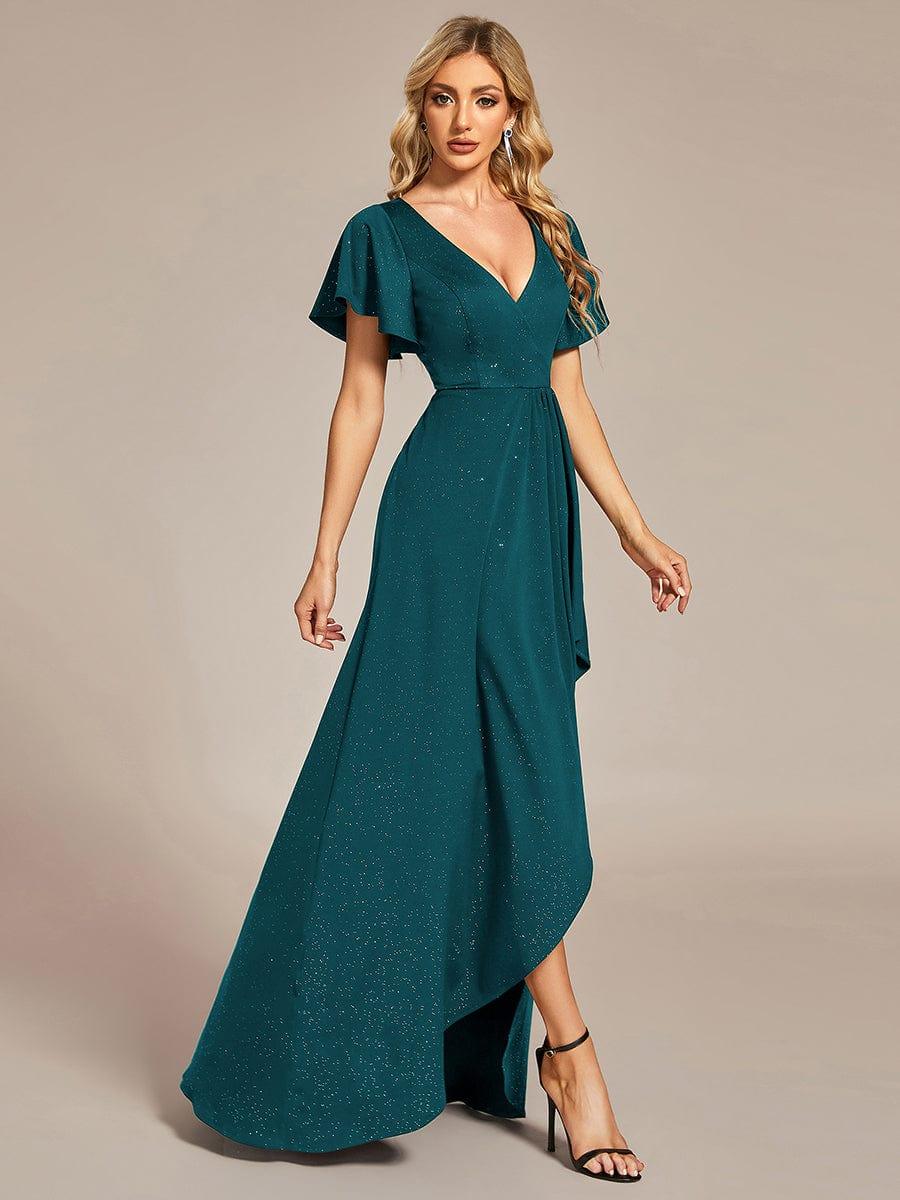 ever MELODÉ|Glitter High-Low Front Side Slit Ruffled V-Neck Evening Dress