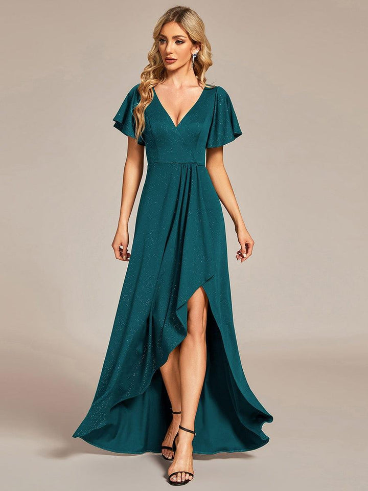 ever MELODÉ|Glitter High-Low Front Side Slit Ruffled V-Neck Evening Dress