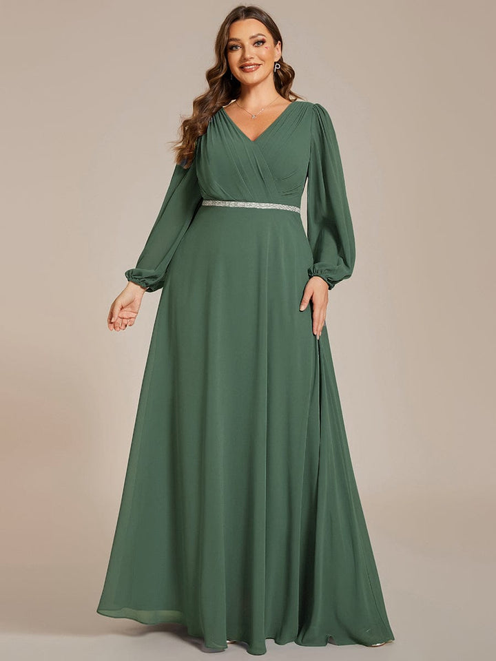 ever ESMÉE|Pleated Double V-Neck Long Sleeves Shiny Belt Chiffon Evening Dress
