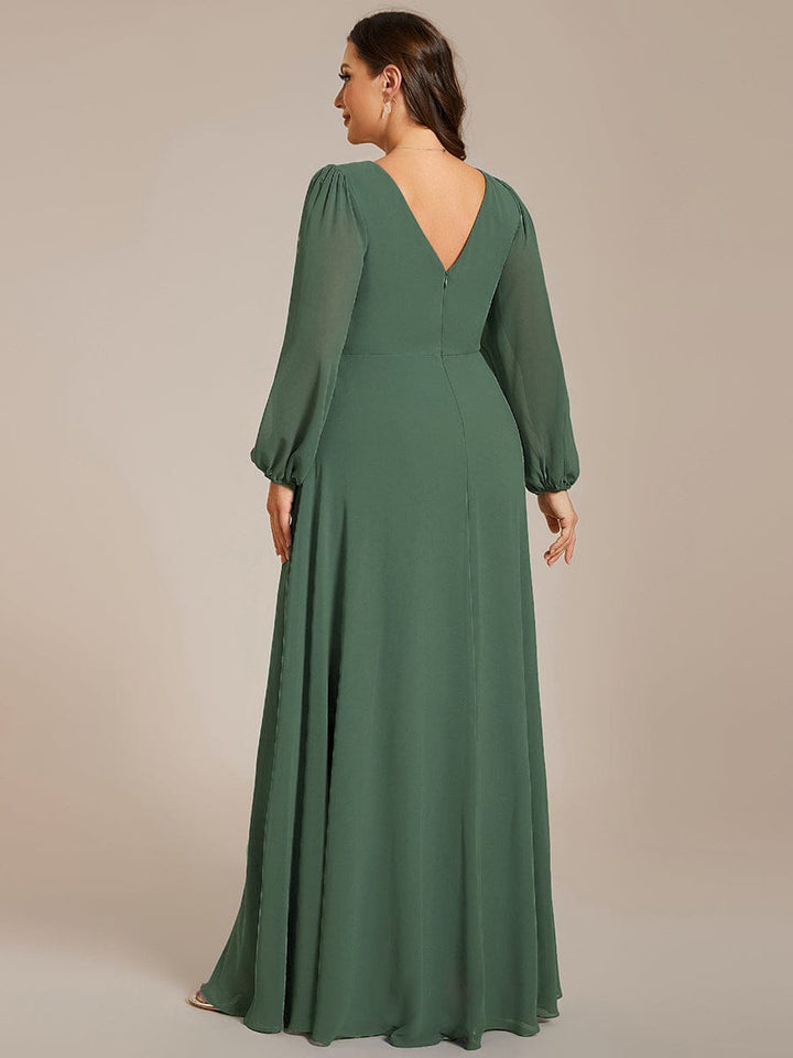 ever ESMÉE|Pleated Double V-Neck Long Sleeves Shiny Belt Chiffon Evening Dress