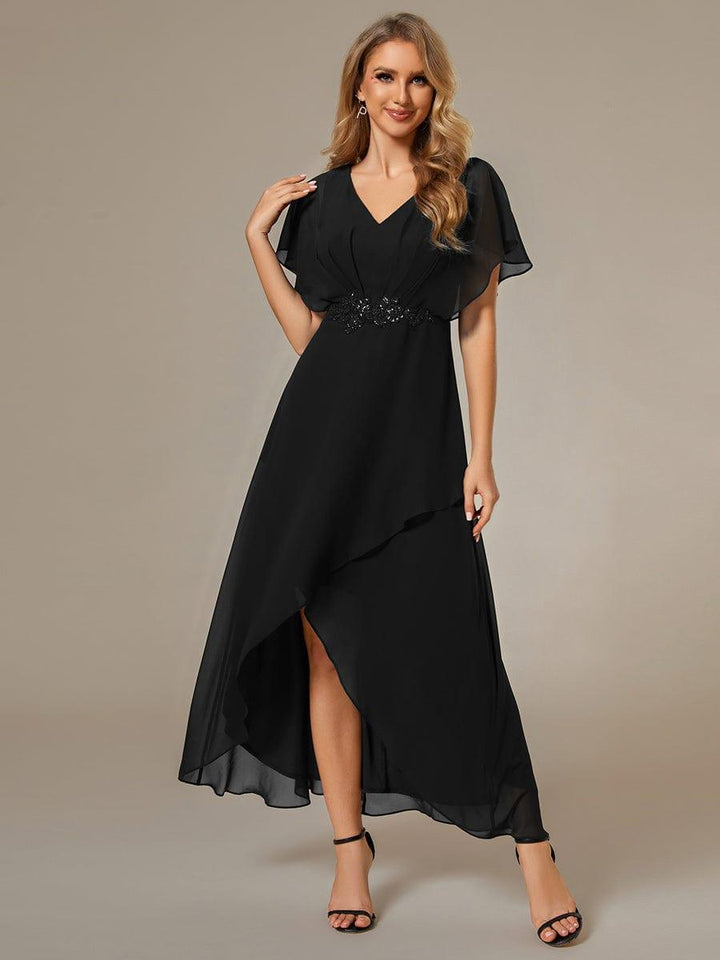 ever LILAS|Elegant Short Sleeves A-Line Waist Applique Formal Dress with Lotus Leaf Hem