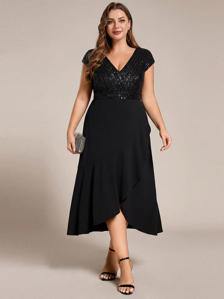 pretty BAYLOR|Plus Size Sequin Bodice V-Neck Midi Formal Dress