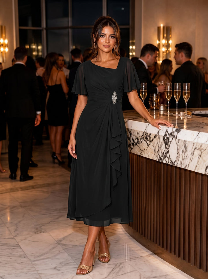ever LILOU| Pleated Chiffon Ruffle Sleeve Wedding Guest Dress