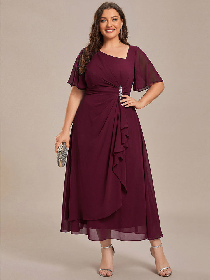 pretty LILOU| Plus Size Pleated Chiffon Ruffle Sleeve Wedding Guest Dress