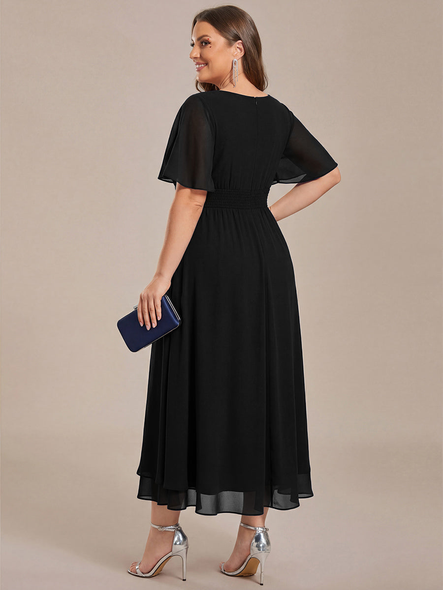 pretty LILOU| Plus Size Pleated Chiffon Ruffle Sleeve Wedding Guest Dress