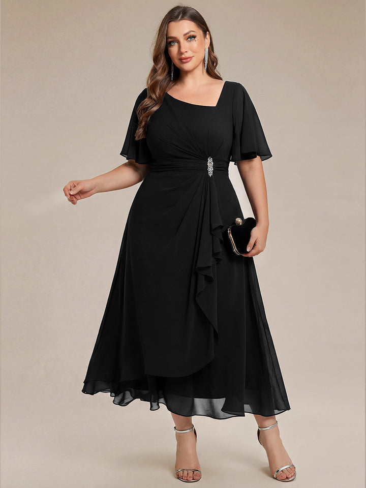 pretty LILOU| Plus Size Pleated Chiffon Ruffle Sleeve Wedding Guest Dress