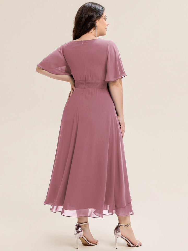 pretty LILOU| Plus Size Pleated Chiffon Ruffle Sleeve Wedding Guest Dress