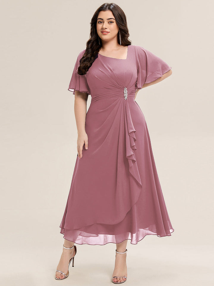 pretty LILOU| Plus Size Pleated Chiffon Ruffle Sleeve Wedding Guest Dress