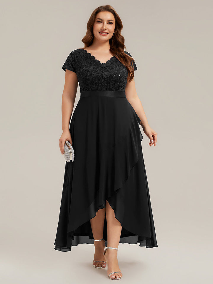 Deep V-Neck Lace Cap Sleeve Evening Dress