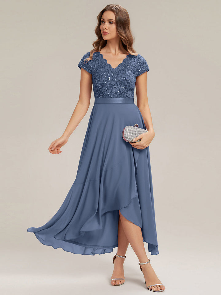 Deep V-Neck Lace Cap Sleeve Evening Dress