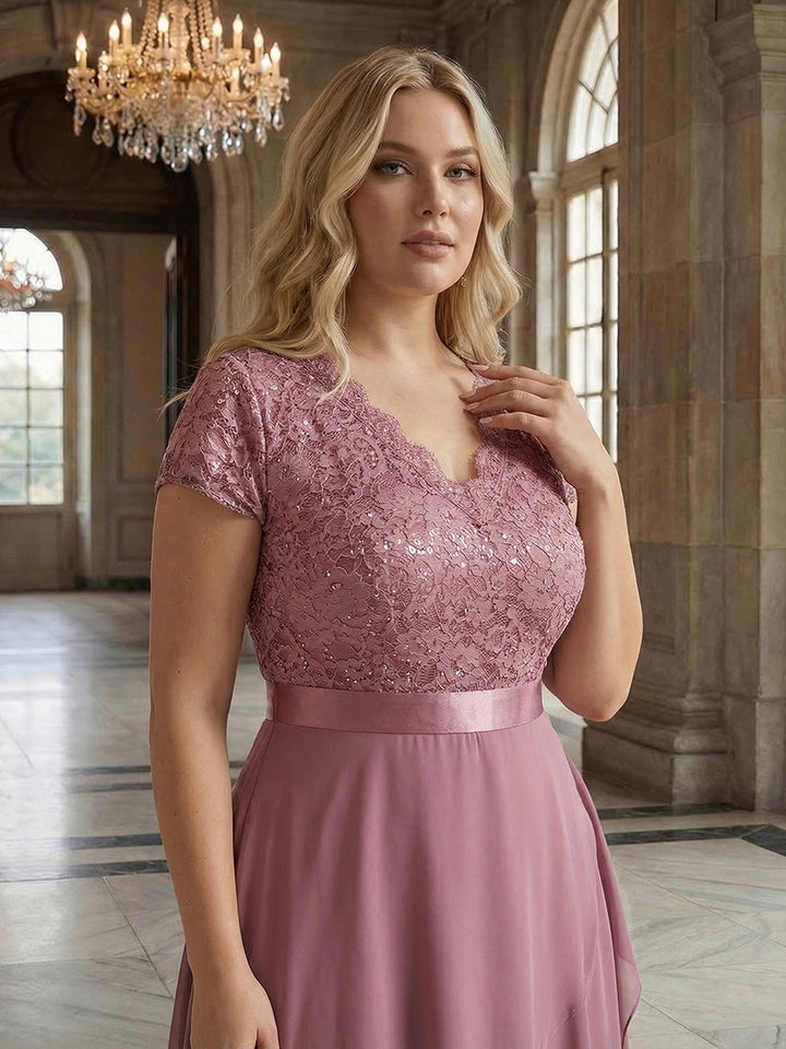 Deep V-Neck Lace Cap Sleeve Evening Dress