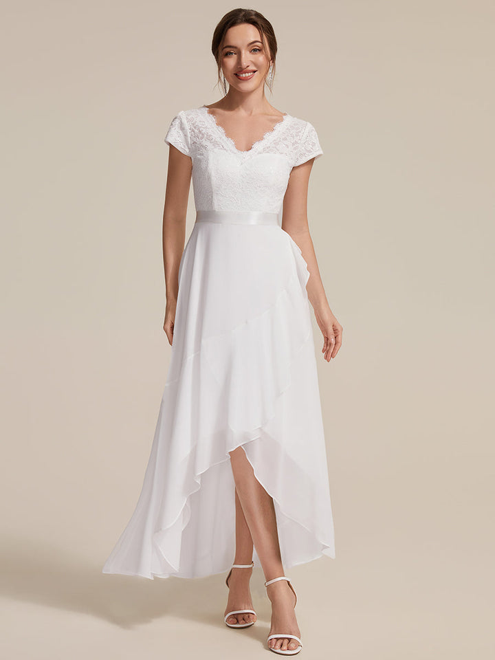 Deep V-Neck Lace Cap Sleeve Evening Dress