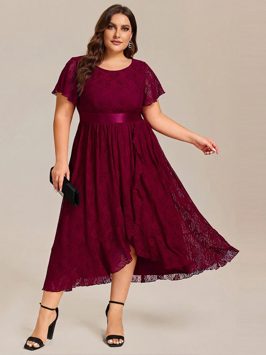 ever SEVYN|Short Sleeve Ruffled Empire Waist Lace Midi Formal Dress