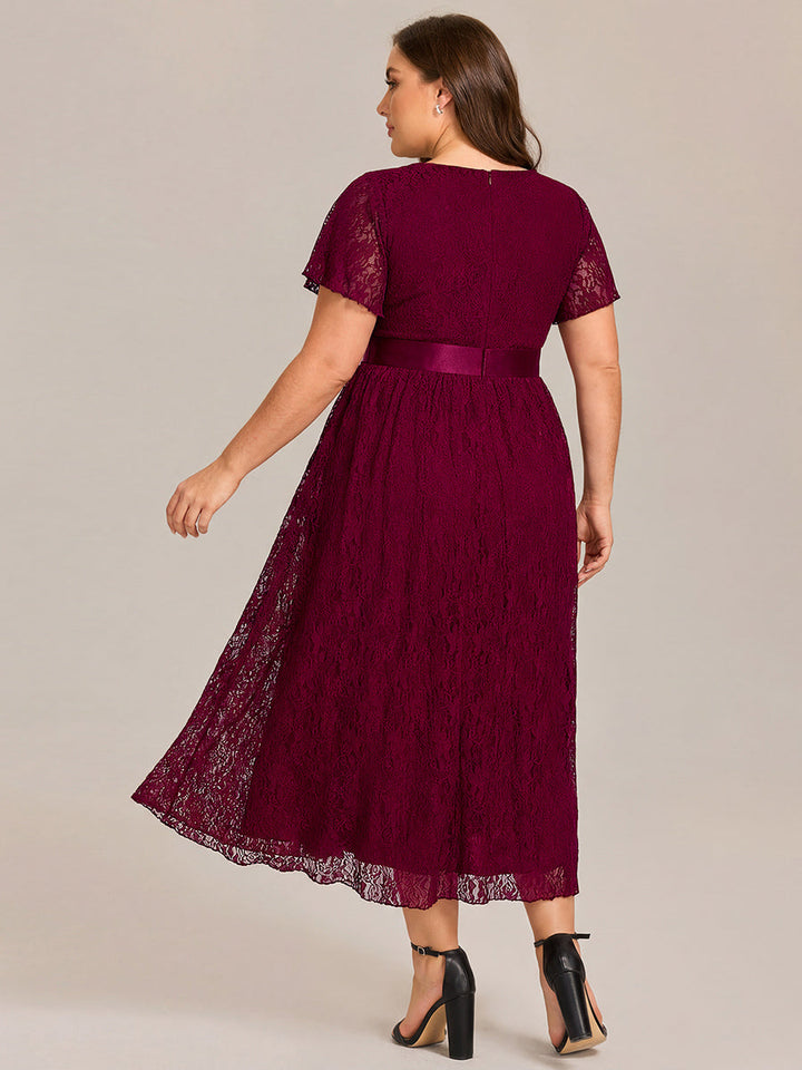ever SEVYN|Short Sleeve Ruffled Empire Waist Lace Midi Formal Dress