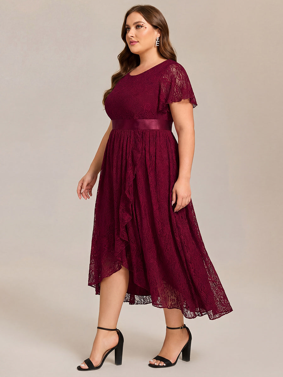 ever SEVYN|Short Sleeve Ruffled Empire Waist Lace Midi Formal Dress