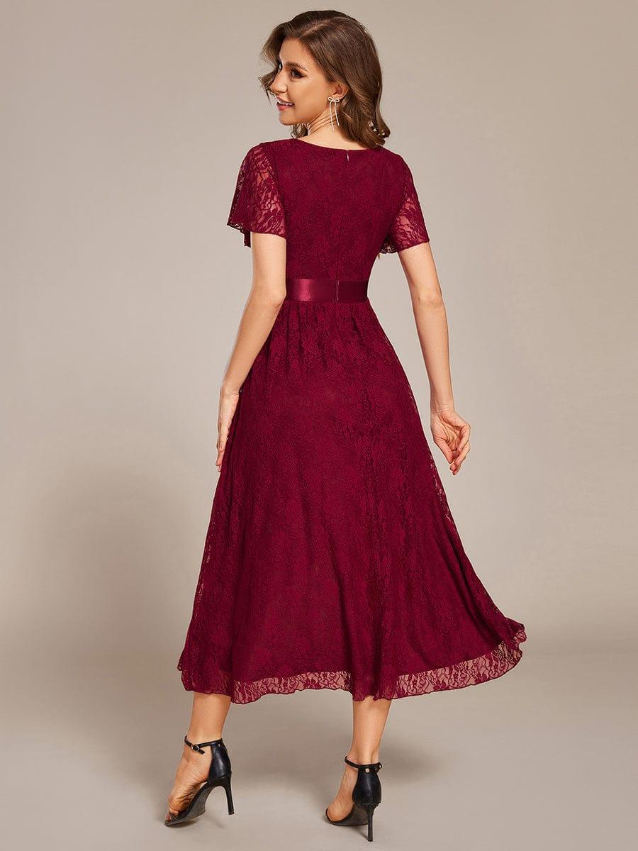 ever SEVYN|Short Sleeve Ruffled Empire Waist Lace Midi Formal Dress