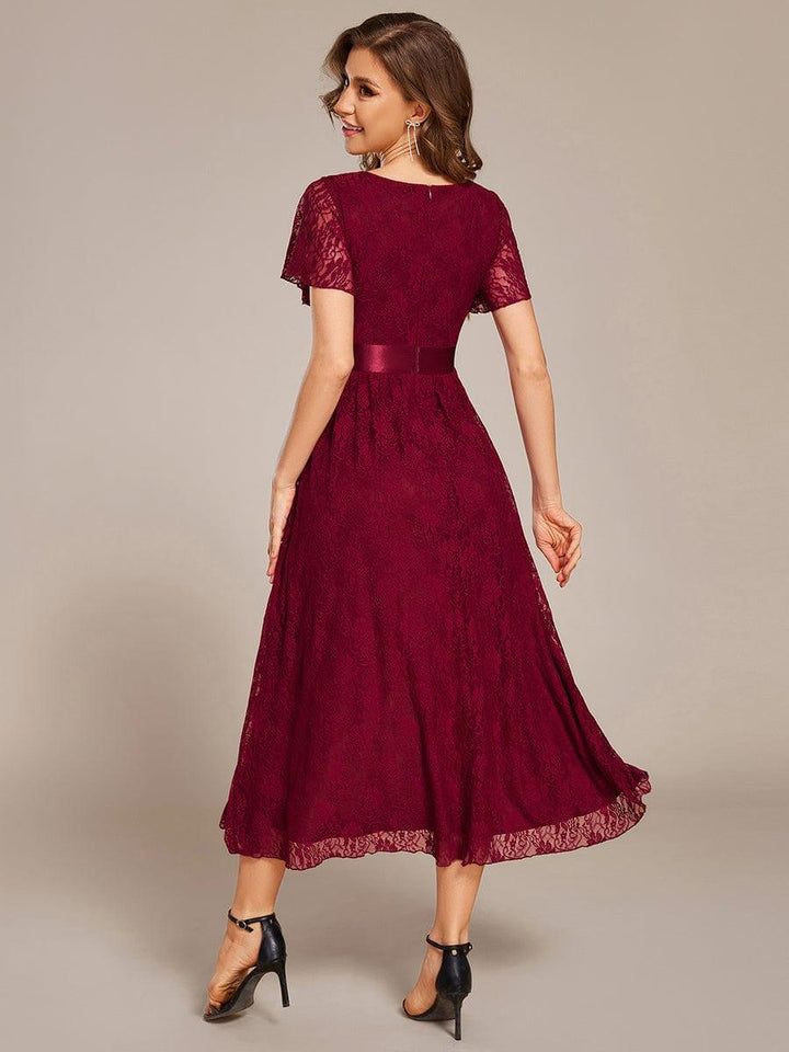 ever SEVYN|Short Sleeve Ruffled Empire Waist Lace Midi Formal Dress