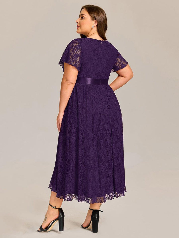 ever SEVYN|Short Sleeve Ruffled Empire Waist Lace Midi Formal Dress